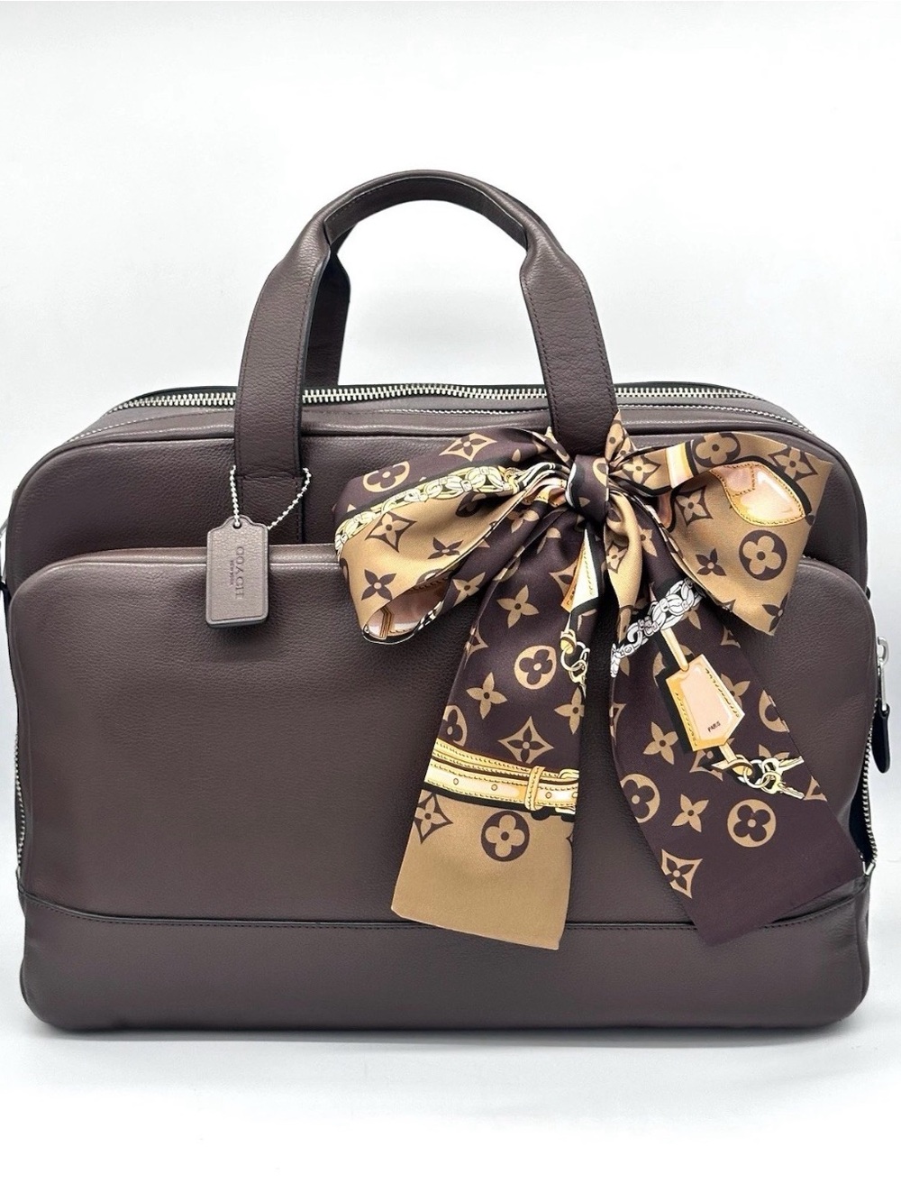 Lock And Chain Patterned Twilly Bag Scarf Brown Gold - Picture 6 of 6